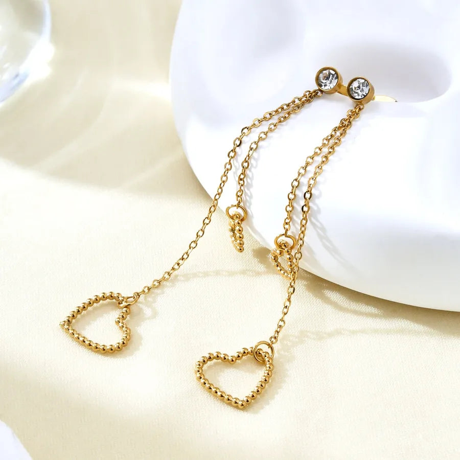 18K Gold Heart Tassel Earrings with Zircon