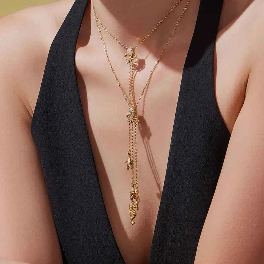 Gold Starfish Y Necklace with Zircon Accents