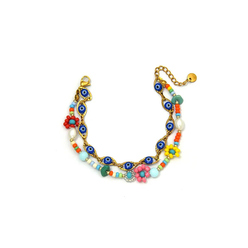 18K Gold Boho Eye & Flower Double Layer Bracelet BH0157-02-Lnkblue