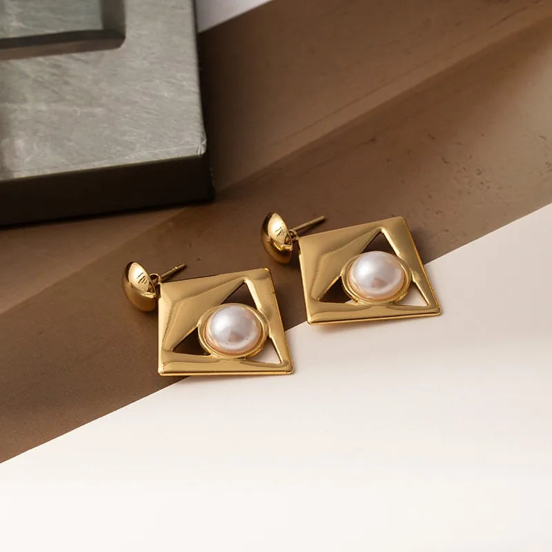 Titanium Steel Butterfly Pearl Drop Earrings Square Triangle Pearl Earrings 1219