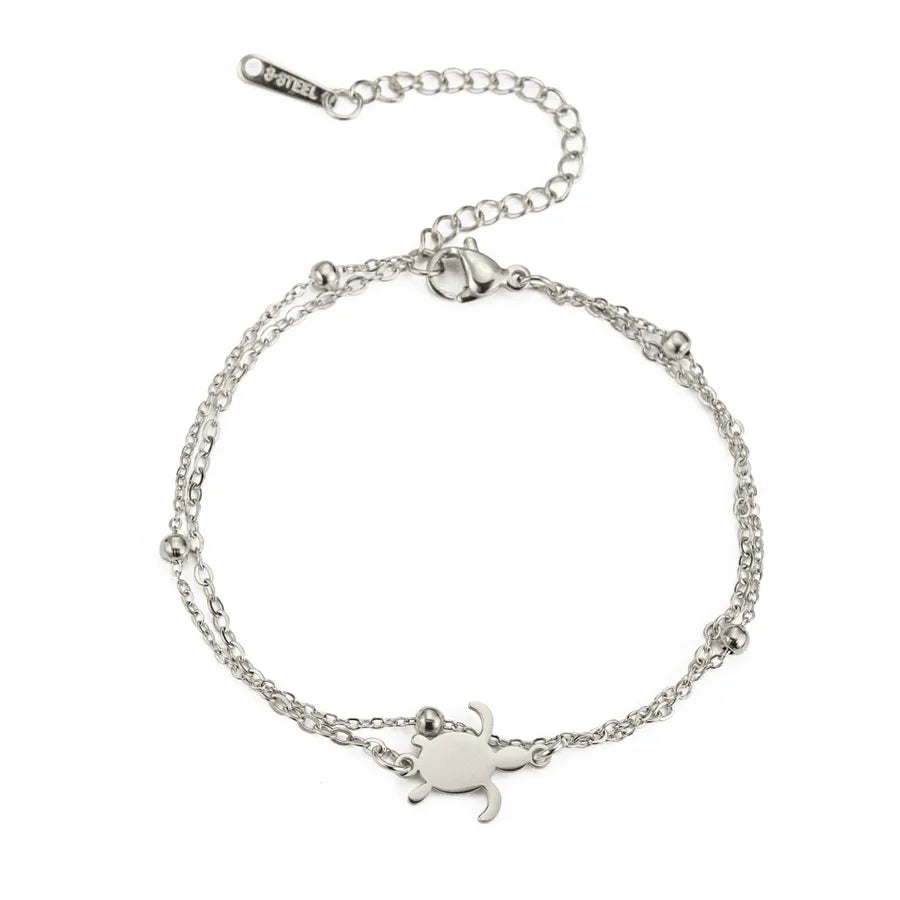 Minimalist Turtle Pendant Stainless Steel Bracelet Steel Color-double Layer Chain