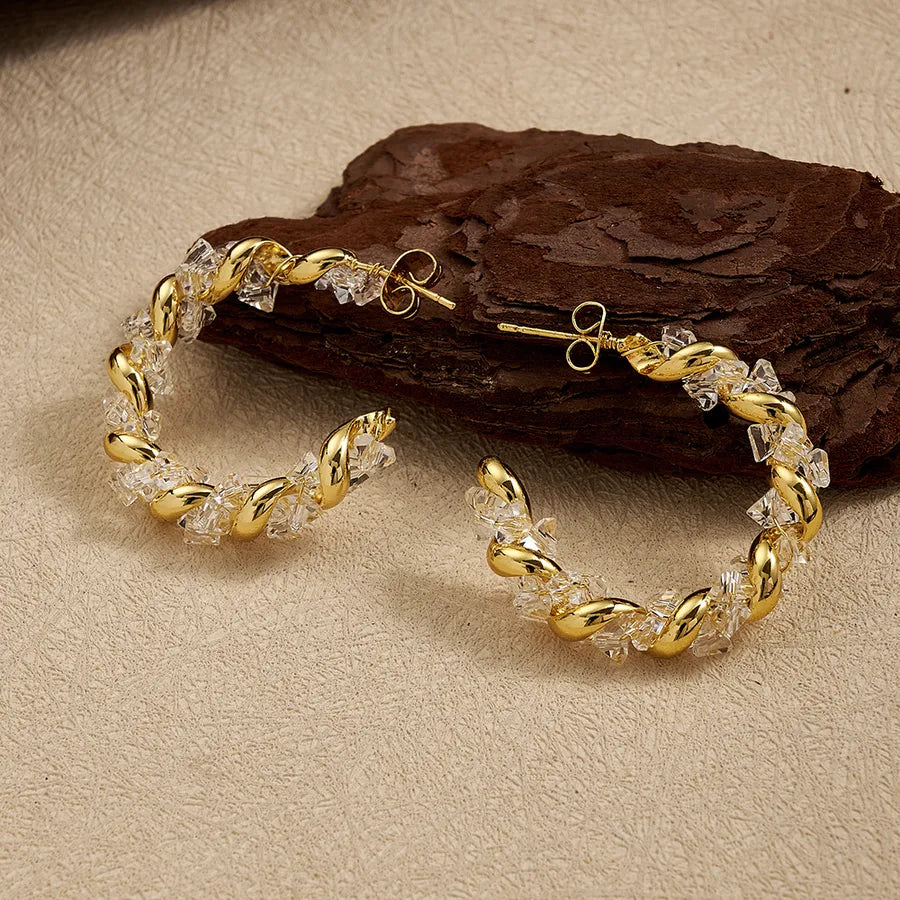 18K Gold PVD C-Shaped Rhinestone Hoop Earrings