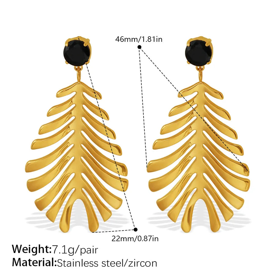 Gold Ginkgo Leaf Stud Earrings for Women EH210BG Black Zircon Gold Earrings