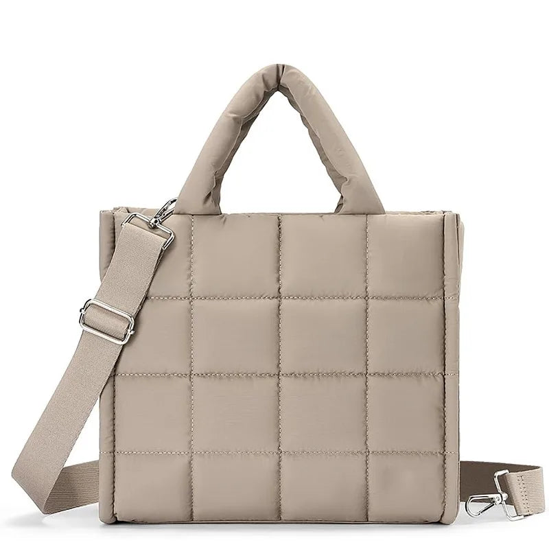 Soft Quilted Nylon Crossbody Tote Bag Camel