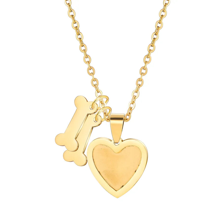 Gold Plated Heart & Bone Pet Name Necklace Dog Bone Heart Photo Gold 2