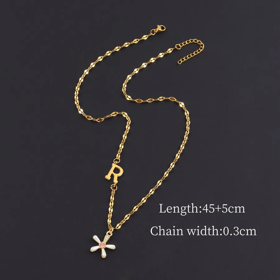 Gold Initial Flower Pendant Necklace for Women Gold R