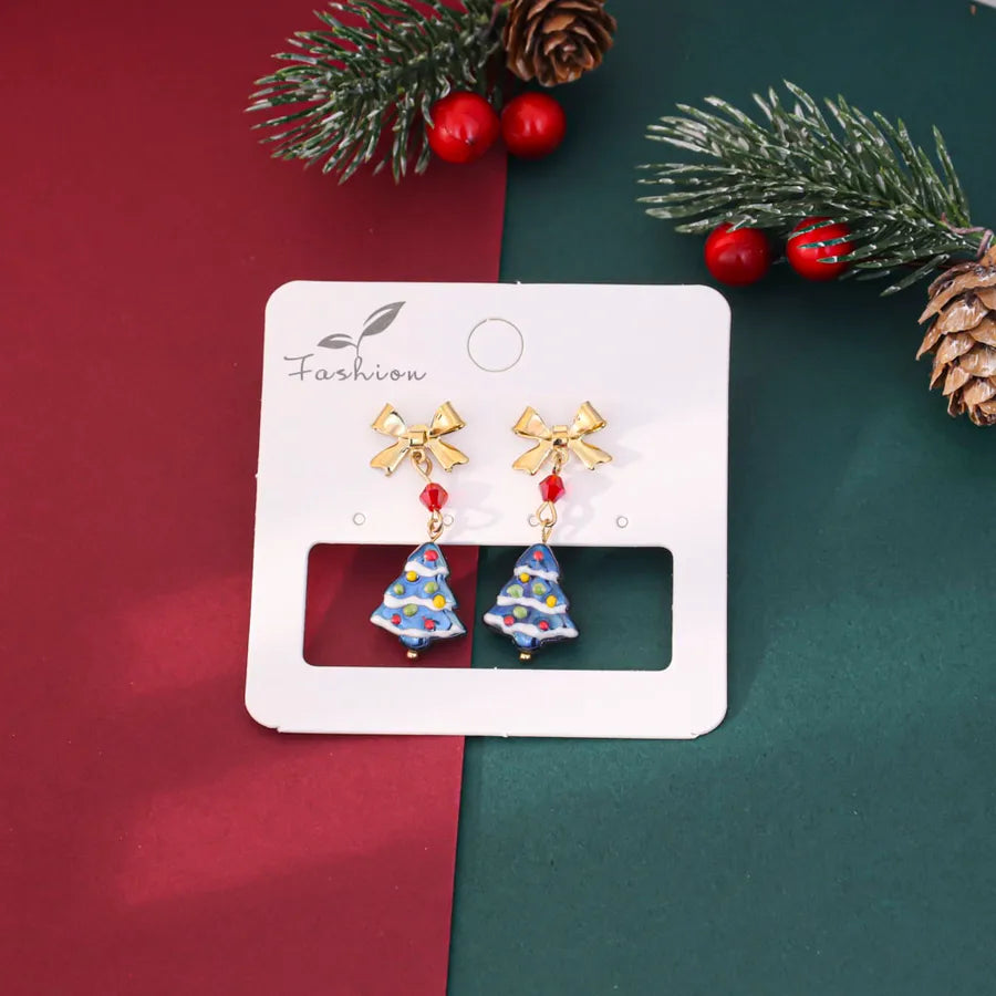 Hand-Painted Christmas Tree Earrings Blue