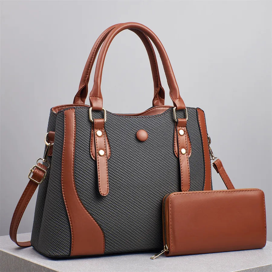Color Block Soft Leather Shoulder Bag