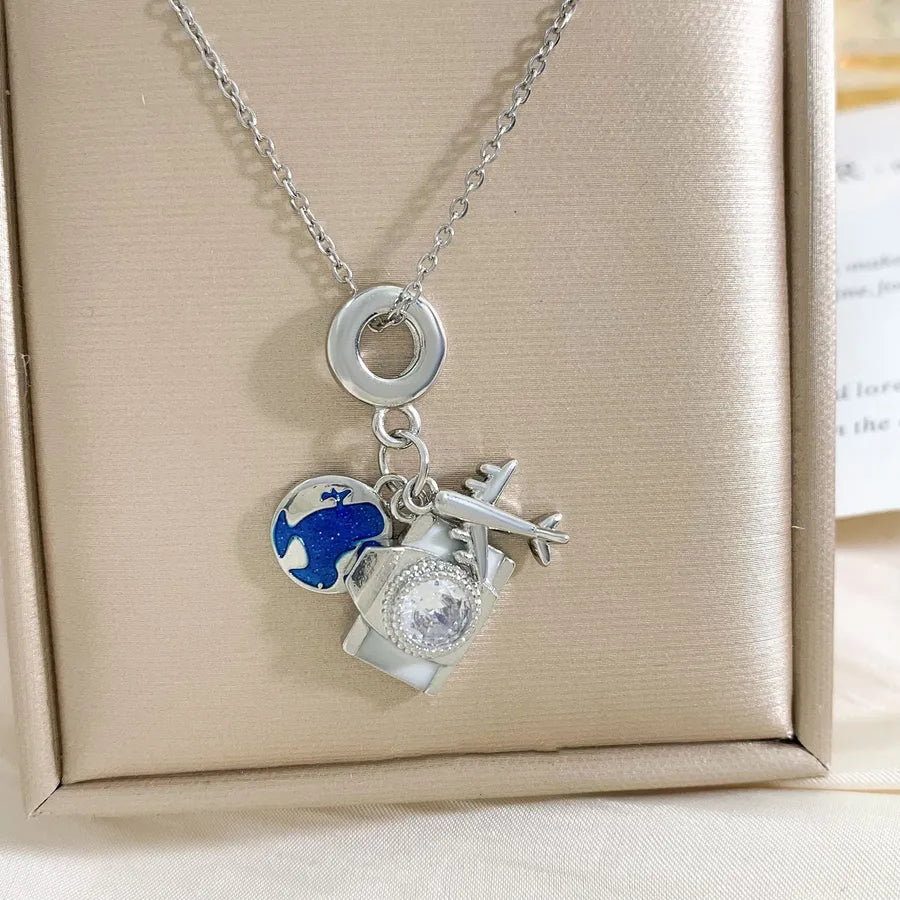 Global Travel Pendant Necklace for Women XL2089 Airplane Planet Necklace Silver