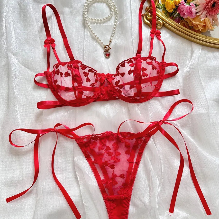 Women's Sheer Lace Lingerie Set S Red