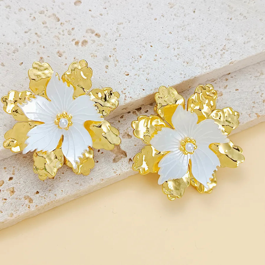 Gold Flower Pearl Drop Earrings