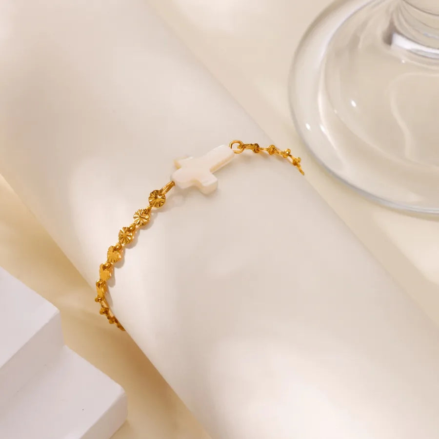 18K Gold Plated Pearl Cross Stainless Steel Bangle