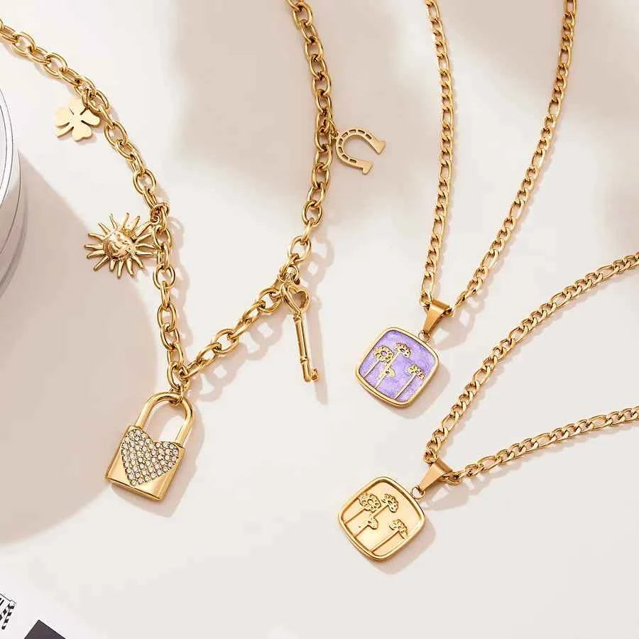 18K Gold Heart Lock Necklace with Zircon Charms