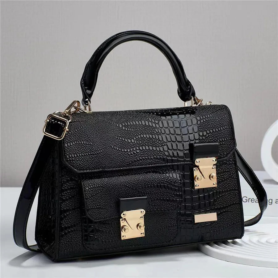 Retro Croc-Pattern PU Shoulder Bag Black
