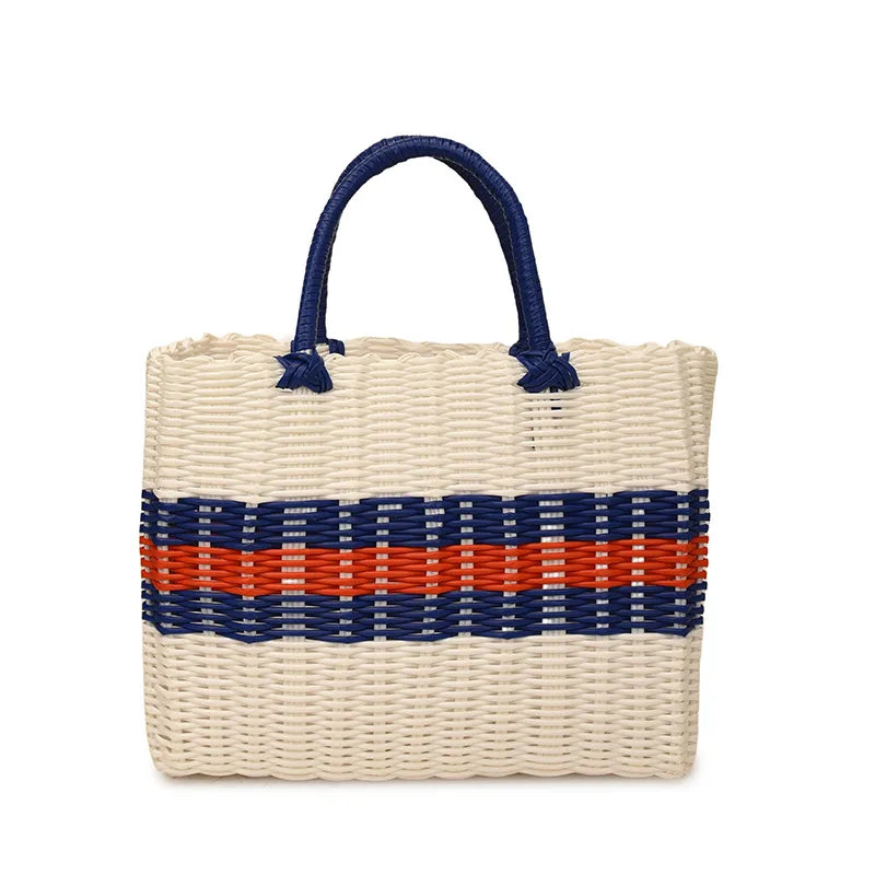 Color Block Straw Beach Tote – Large Bucket Bag White large size