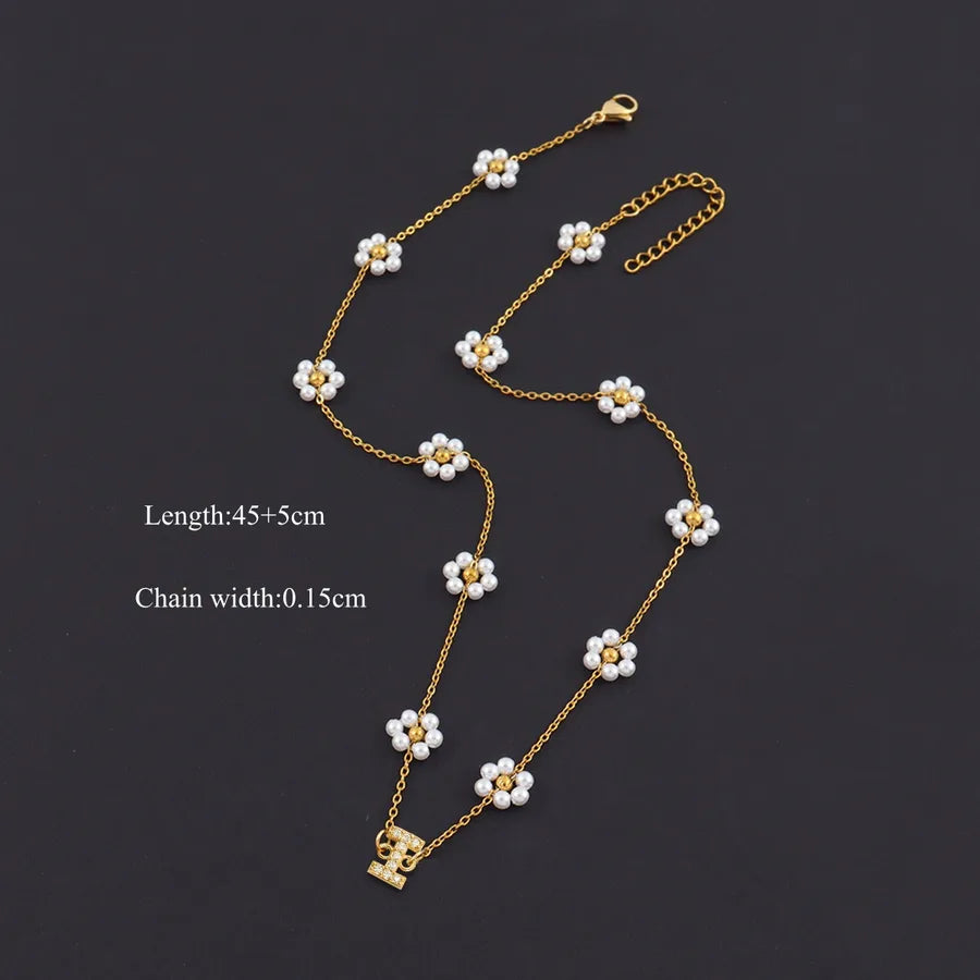 18K Gold Plated Letter Pendant Pearl Necklace Gold I