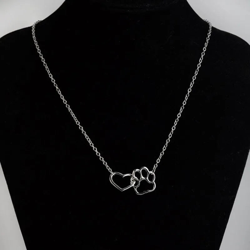 Heart & Cat Paw Gold Stainless Steel Necklace