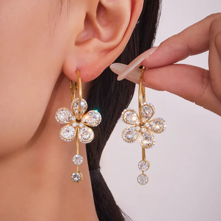 Elegant Zircon Flower Tassel Earrings in 18K Gold