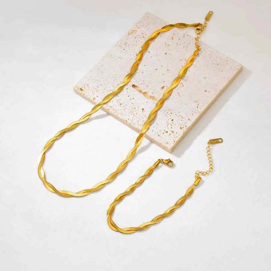 18K Gold Plated Herringbone Chain Necklace & Bracelet