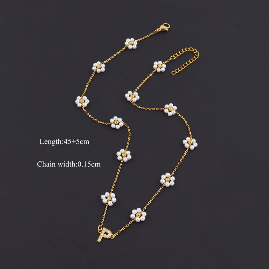 18K Gold Plated Letter Pendant Pearl Necklace Gold p