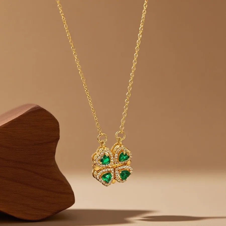 Geometric Titanium Steel Necklace for Women X08010 [Copper Pendant] Green Diamond Four-Leaf Clover Necklace - Gold
