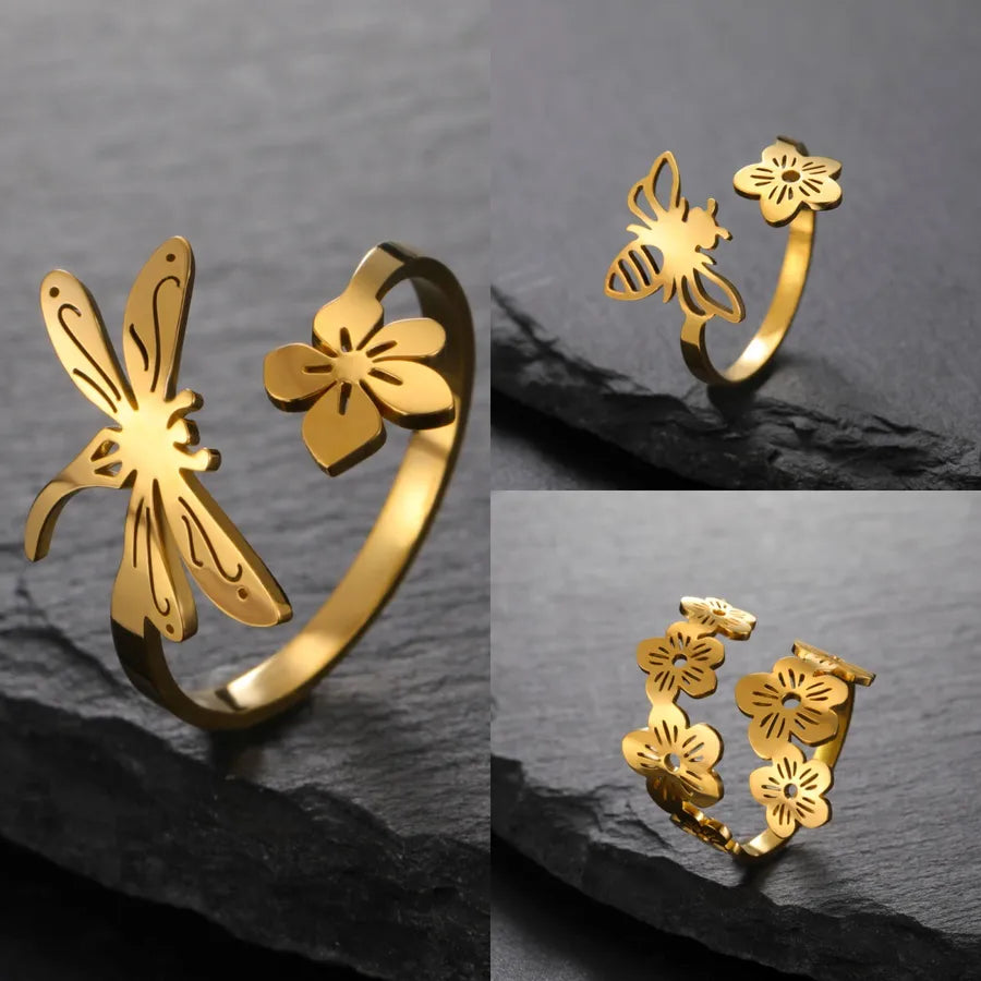 Gold Five-Petal Flower & Insect Open Ring
