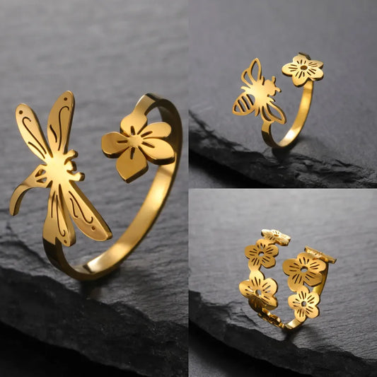 Gold Five-Petal Flower & Insect Open Ring