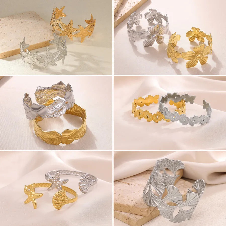 Geometric Butterfly & Flower Open Bangle Bracelet