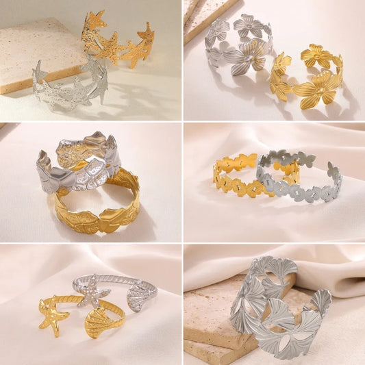 Geometric Butterfly & Flower Open Bangle Bracelet