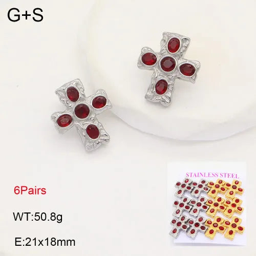 Gold Cross Zircon Earrings – Titanium Steel 21*18mm Red Diamond Two colors 6 Pairs Card