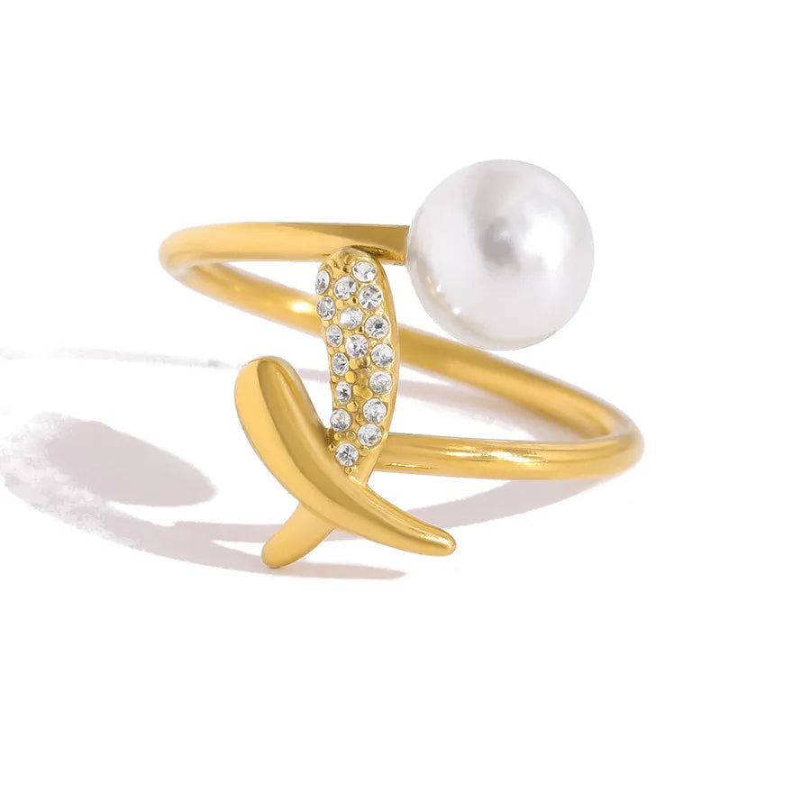 18K Gold Pearl & Diamond Titanium Steel Ring