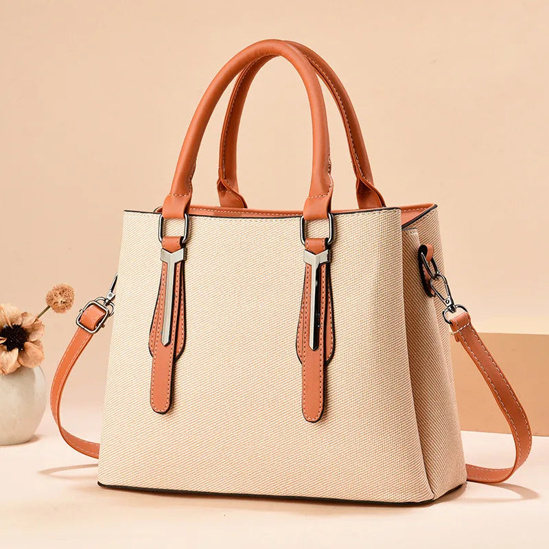 Large PU Leather Square Tote Handbag Style 2 Beige