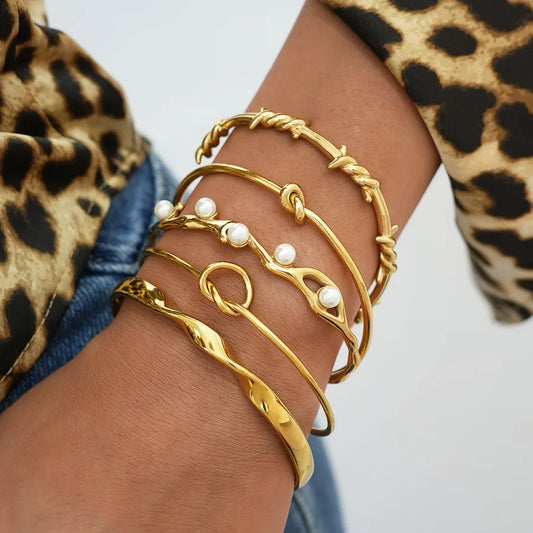 18K Gold Plated Pearl Bangle Bracelet for Women