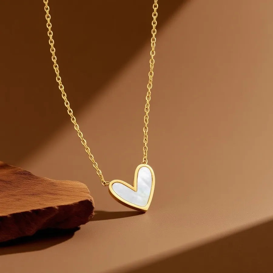 Titanium Steel Heart Pendant Necklace X0236-White Shell Heart Necklace - Gold