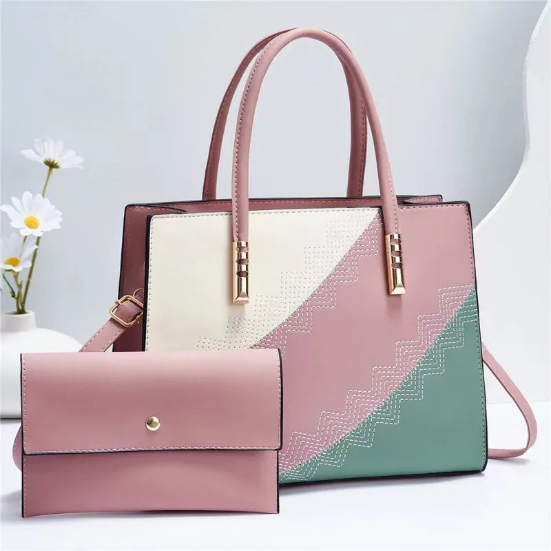 Color Block PU Shoulder Crossbody Handbag Set Pink Default