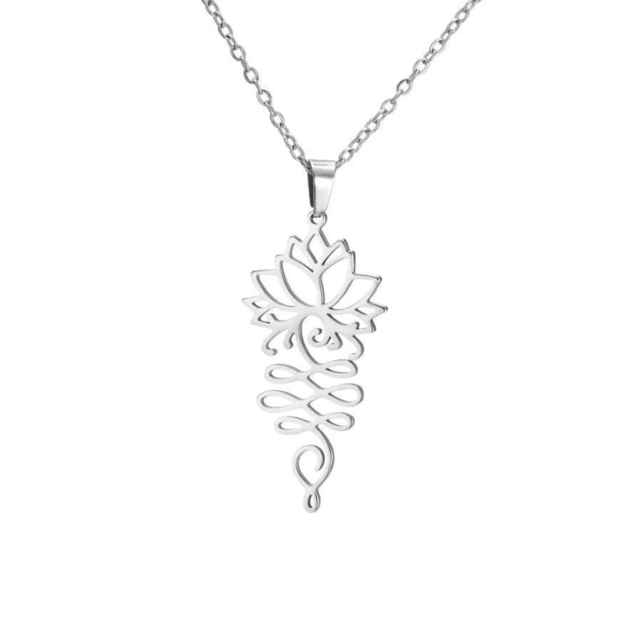 Geometric Lotus Pendant Stainless Steel Necklace Steel Color