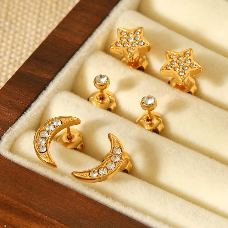 18K Gold Star & Moon Earrings Set for Women