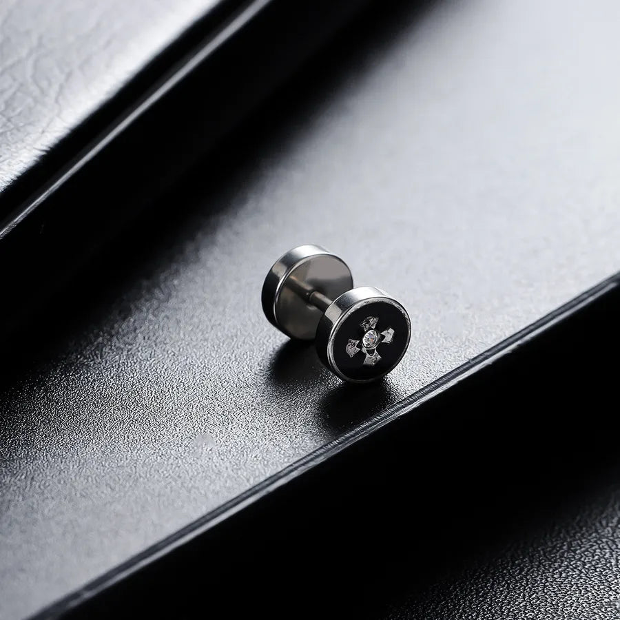 Retro Round Disc Titanium Stud Earrings X725-A (Cross Flower Diamond Stud Earrings) Single Piece