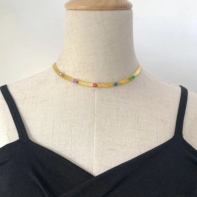 Colorful Zircon Gold-Plated Stainless Steel Necklace