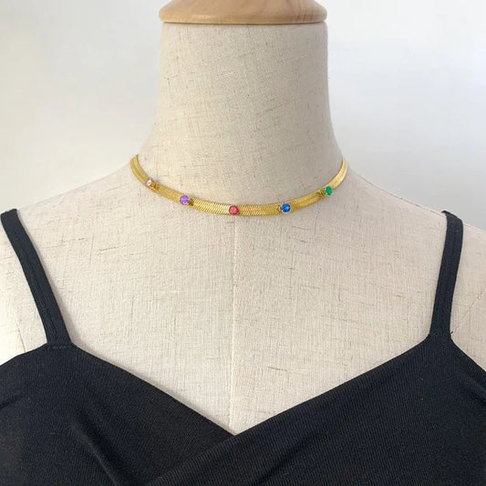 Colorful Zircon Gold-Plated Stainless Steel Necklace