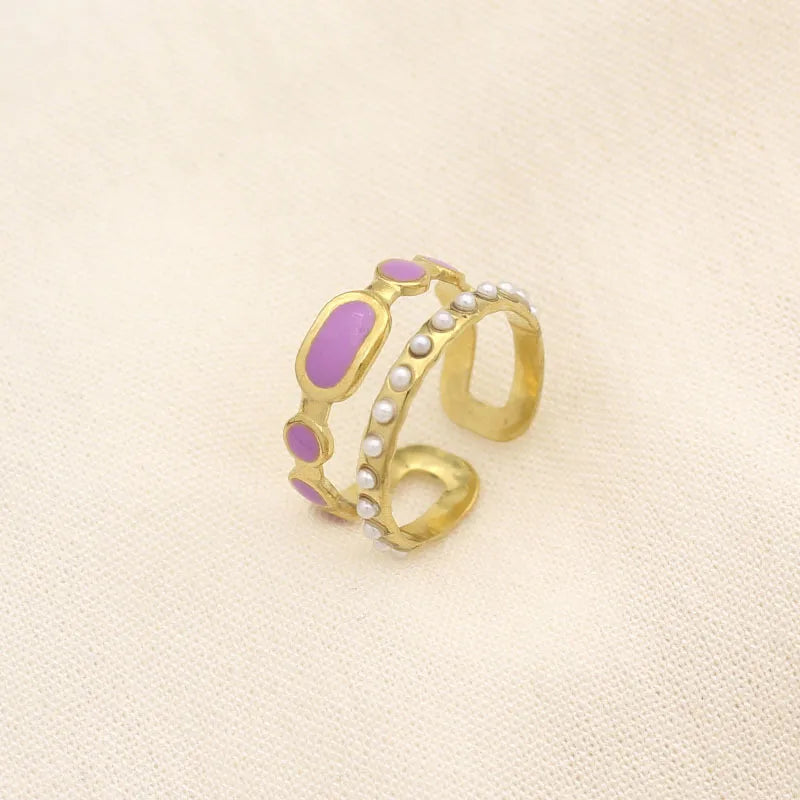 Leaf Enamel Stainless Steel Open Ring for Women Style 2