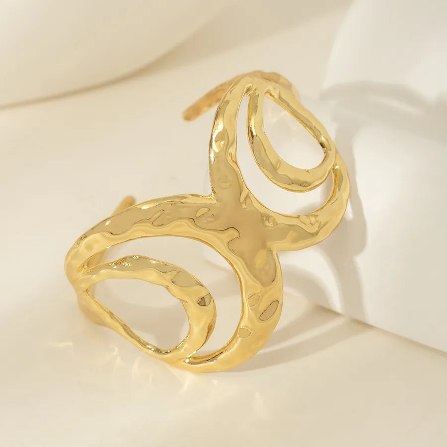 18K Gold Plated Stainless Steel Open Bangle Stainless Steel Electroplated 18k Real Gold Wide Surface Annular Line Open Bracelet Style 2