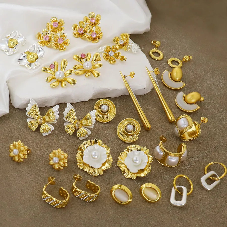 18K Gold Plated Butterfly & Flower Stud Earrings