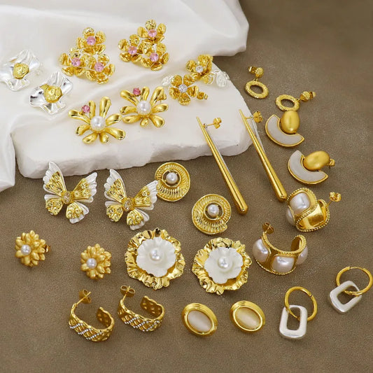 18K Gold Plated Butterfly & Flower Stud Earrings