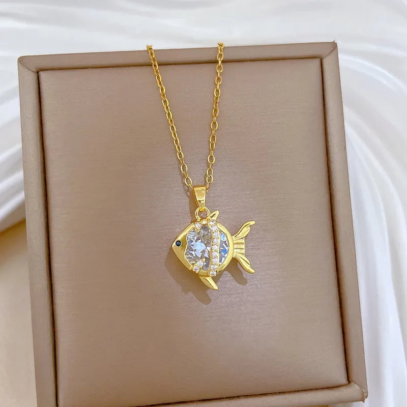 Gold Butterfly & Fish Choker Necklace D207 Titanium Steel Chain Copper Pendant