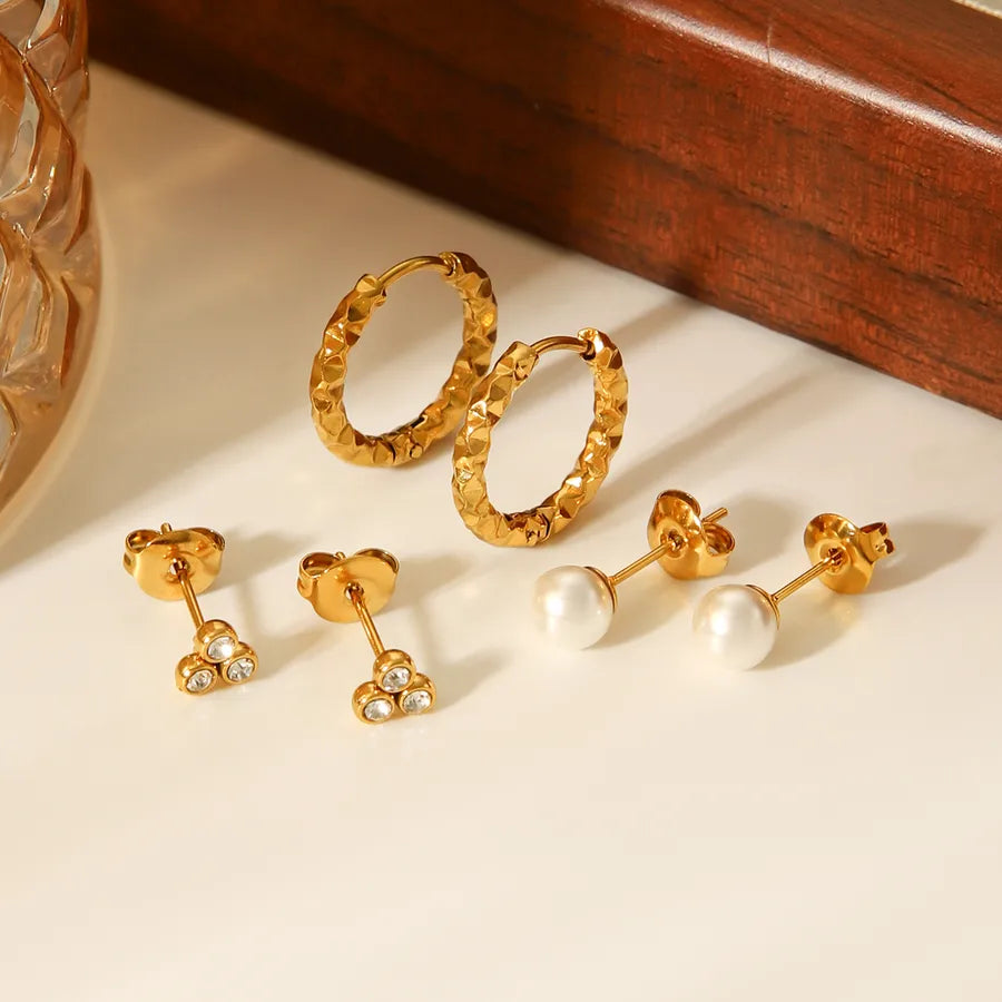 Gold Geometric Pearl & Zircon Stud Earring Set