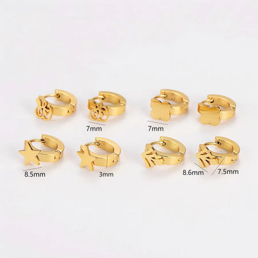 Gold Stainless Steel Star & Leaf Earrings Set