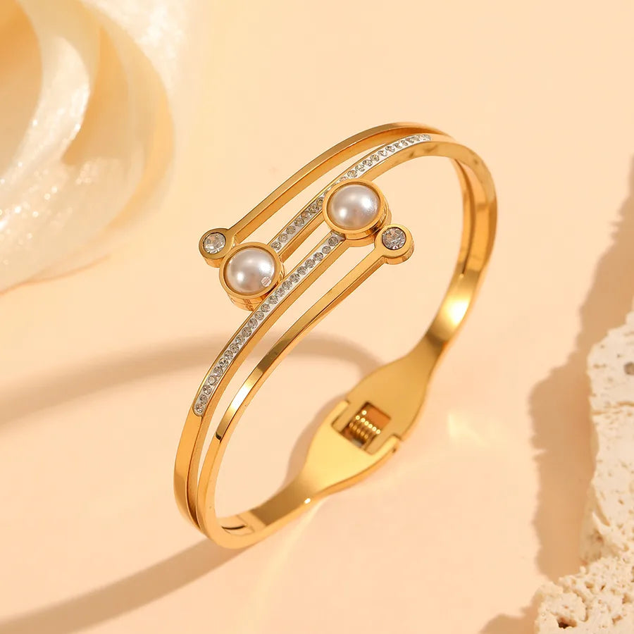 18K Gold PVD Letter & Flower Stainless Steel Bangle Bracelet#14