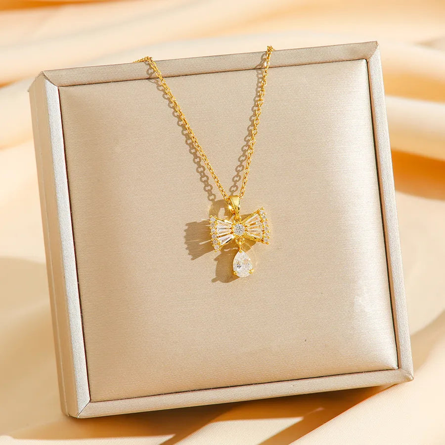 Elegant Zircon Bow Pendant Necklace 8288 Gold Bowknot