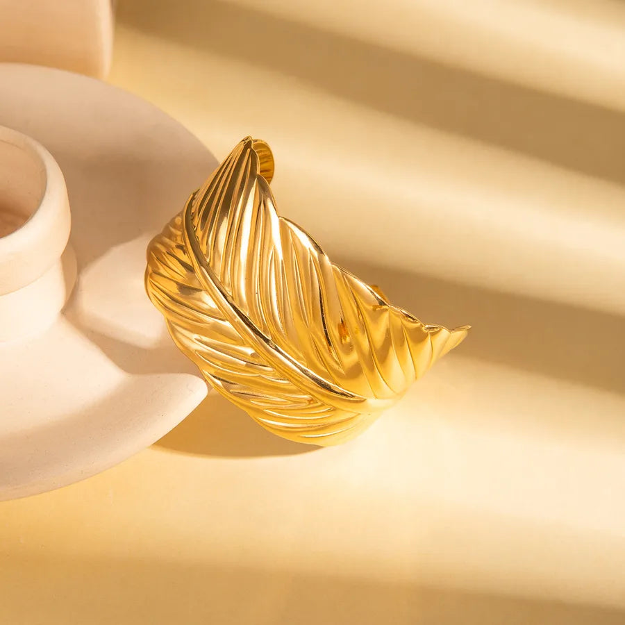 18K Gold Leaf Stainless Steel Open Bangle BJGB0156$